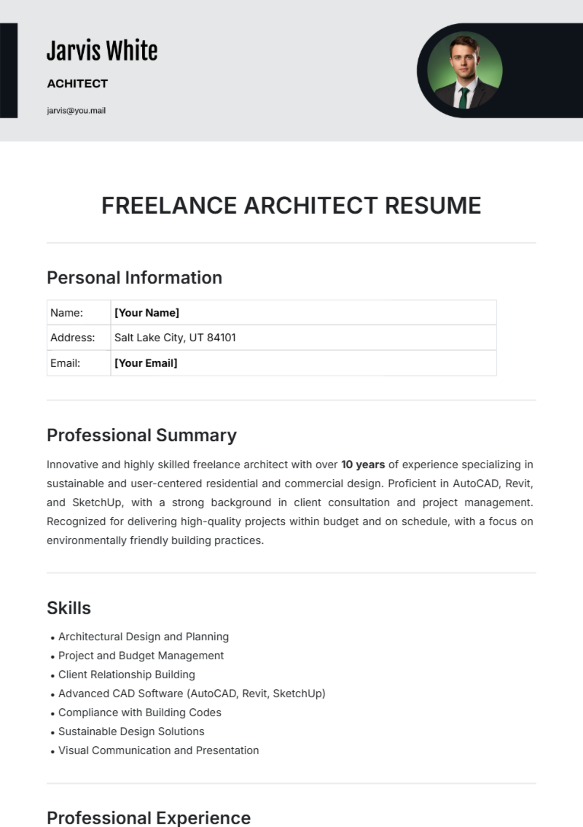 Freelance Architect Resume Template - Edit Online & Download