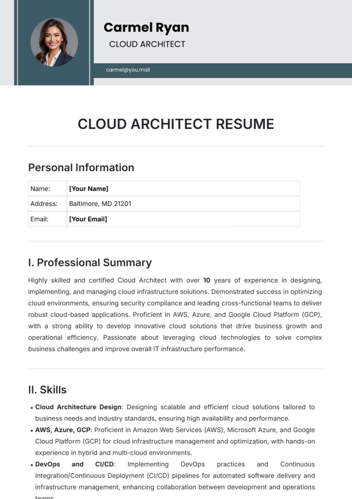 Cloud Architect Resume Template - Edit Online & Download