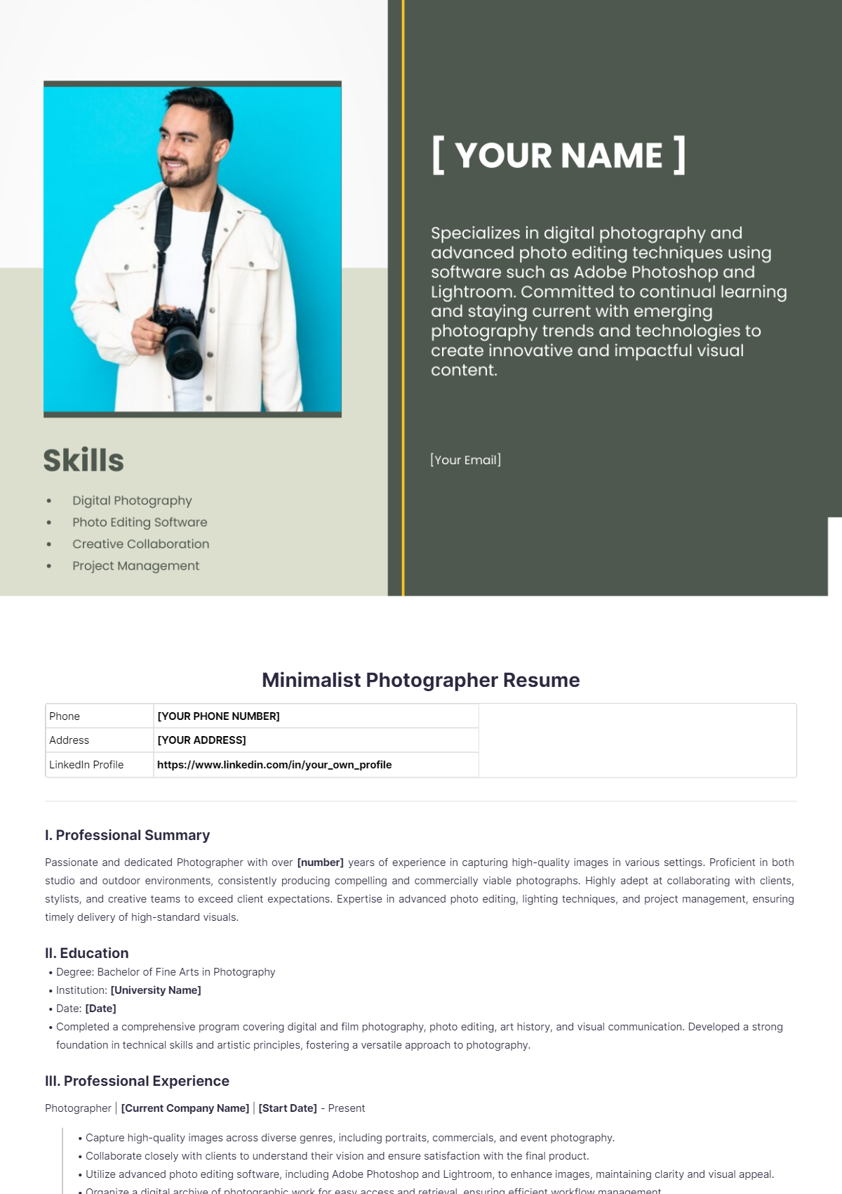 Minimalist Photographer Resume - Edit Online & Download