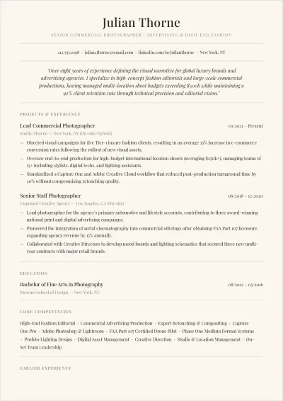 Free Minimalist Photographer ATS Resume Template, AI Resume Builder