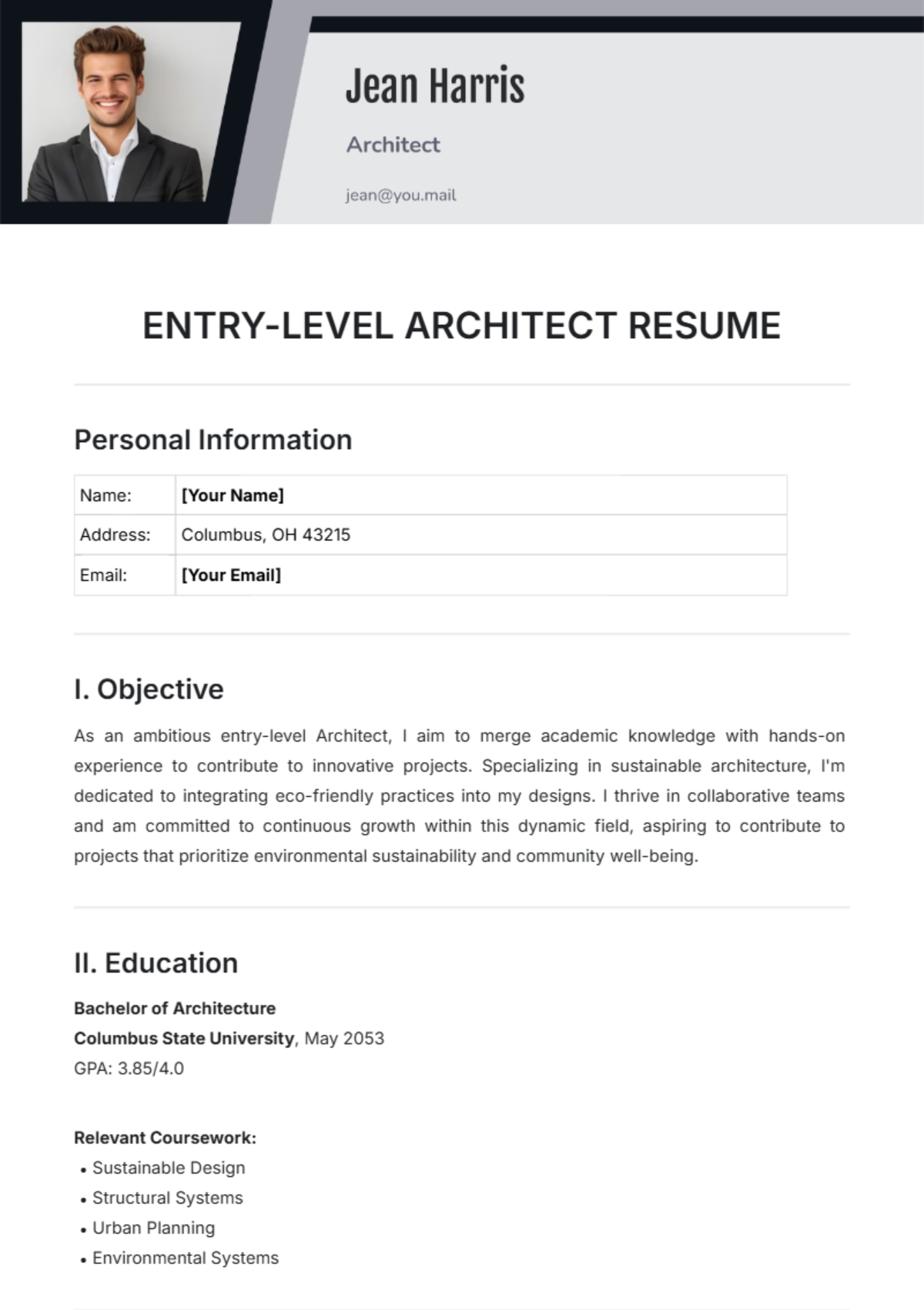 Entry-Level Architect Resume Template - Edit Online & Download