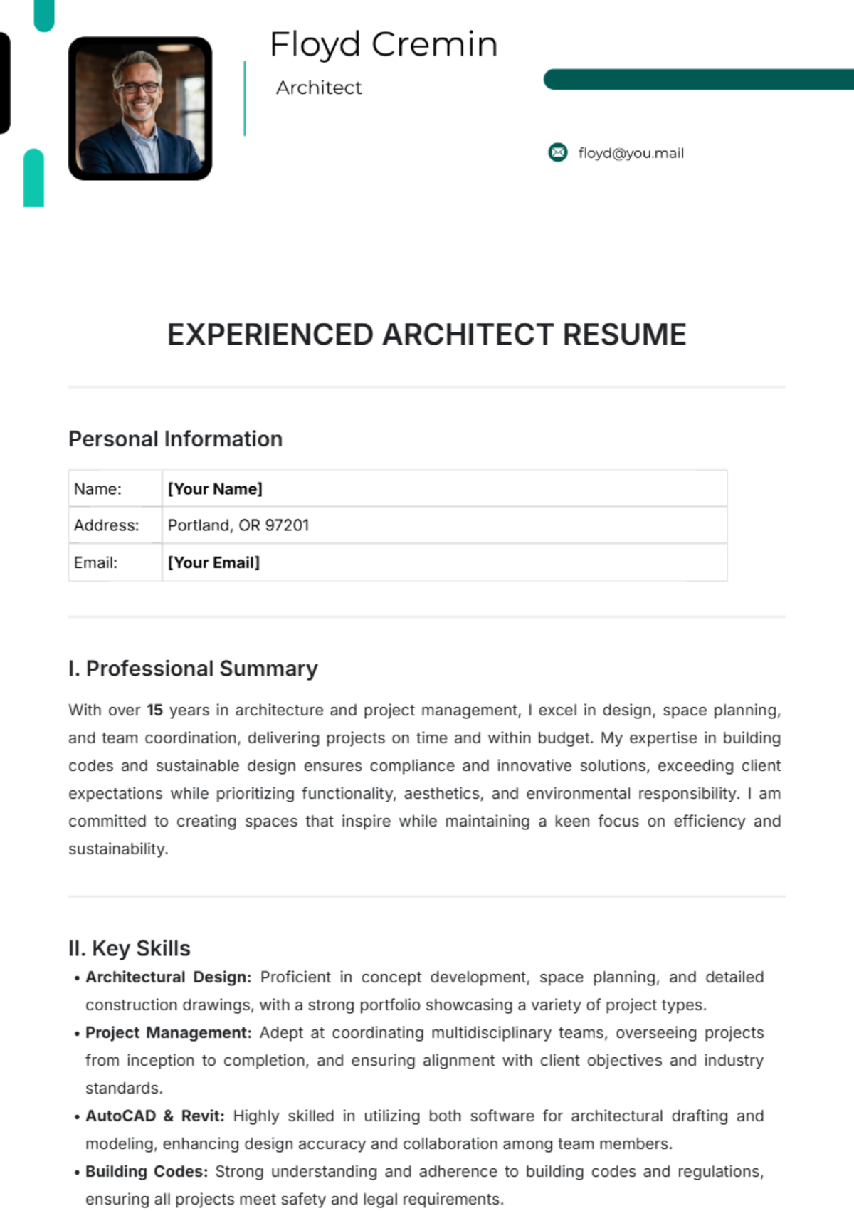 Experienced Architect Resume Template - Edit Online & Download