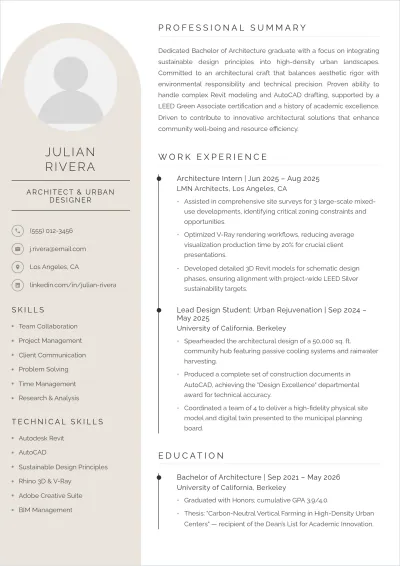Free Architect ATS Resume For Fresher Template, AI Resume Builder
