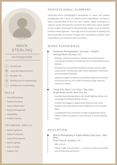 Free Beginner Photographer ATS Resume Template, AI Resume Builder
