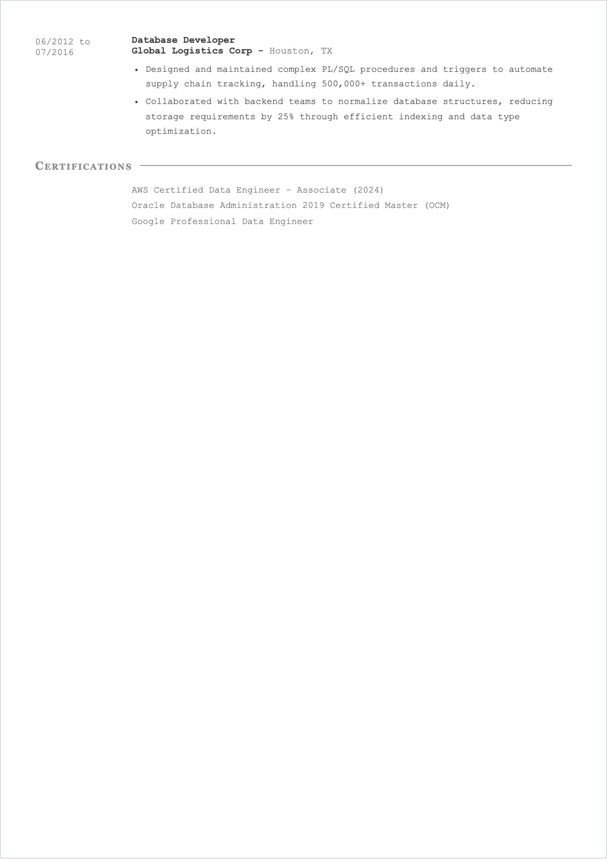 Free Database Architect ATS Resume Template, AI Resume Builder