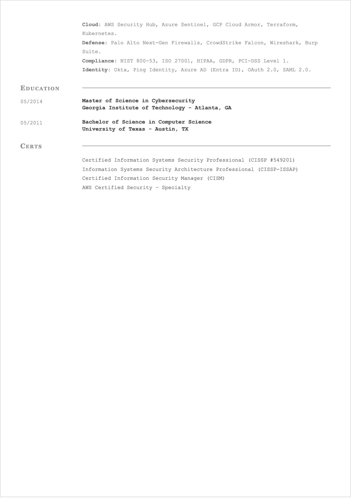 Free Information Security Architect ATS Resume Template