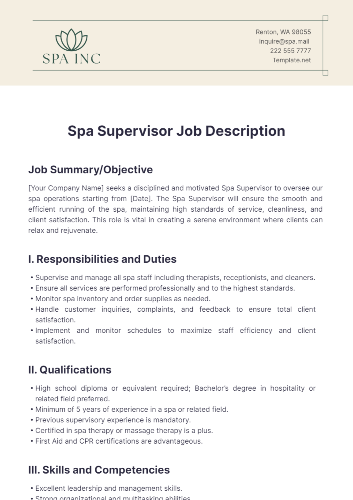 Spa Supervisor Job Description Template - Edit Online & Download