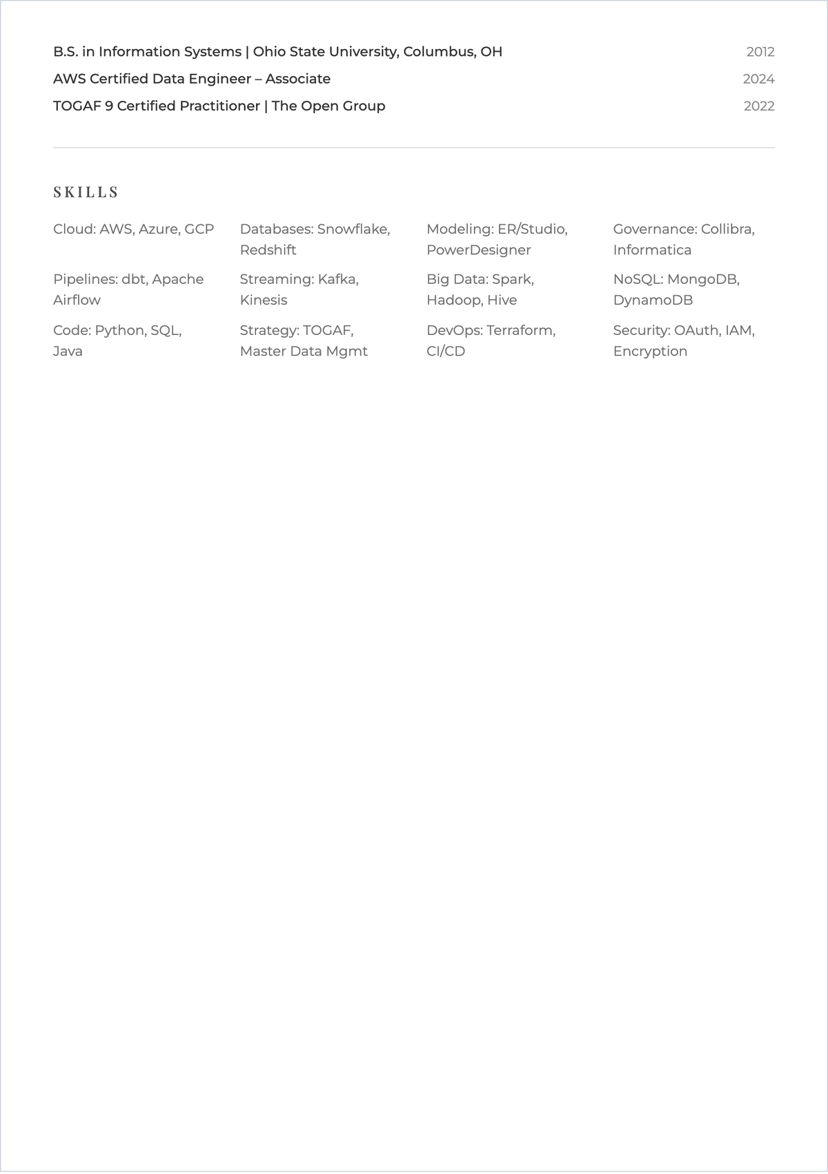 Free Lead Data Architect ATS Resume Template, AI Resume Builder