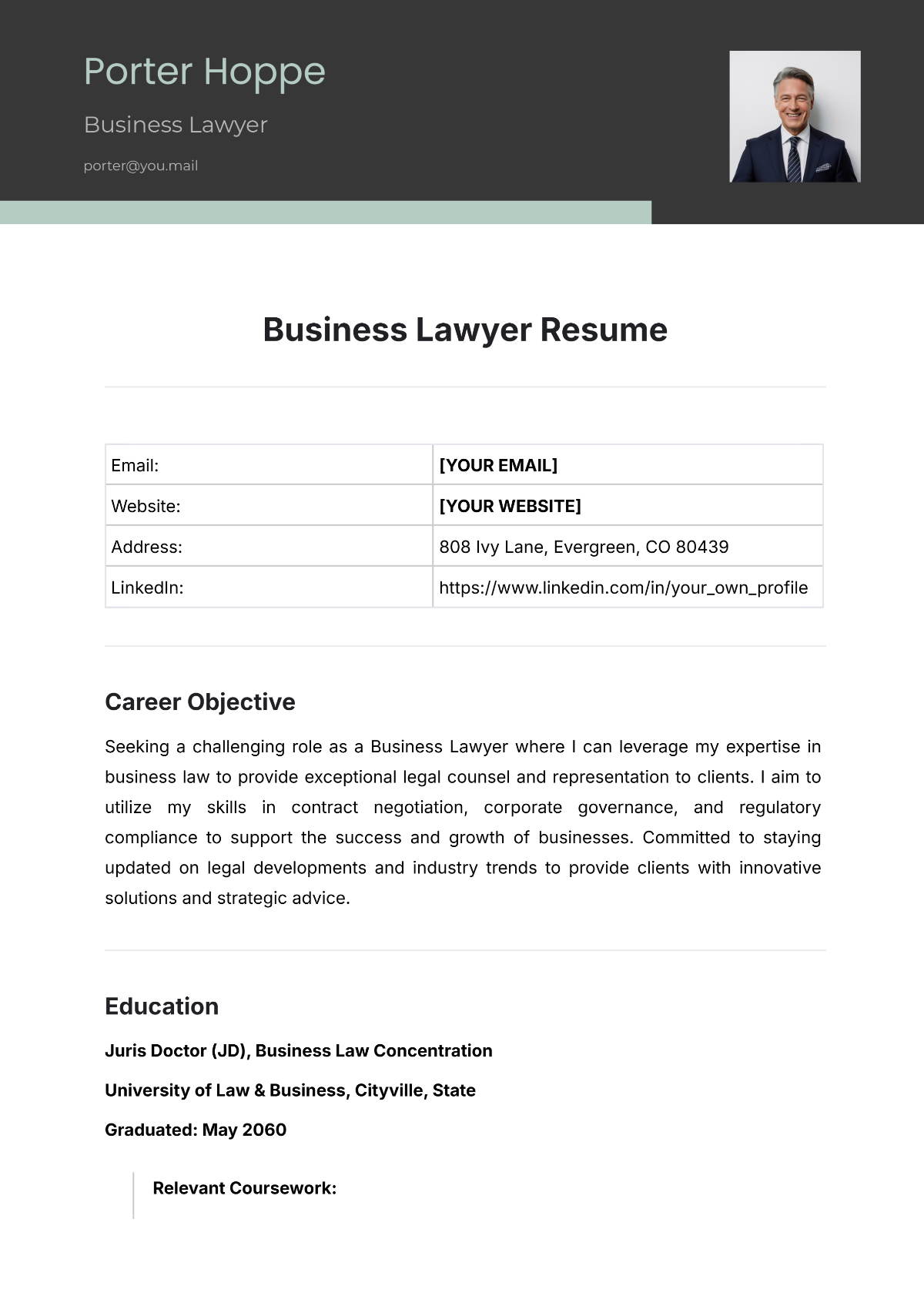 Free Business Lawyer Resume Template