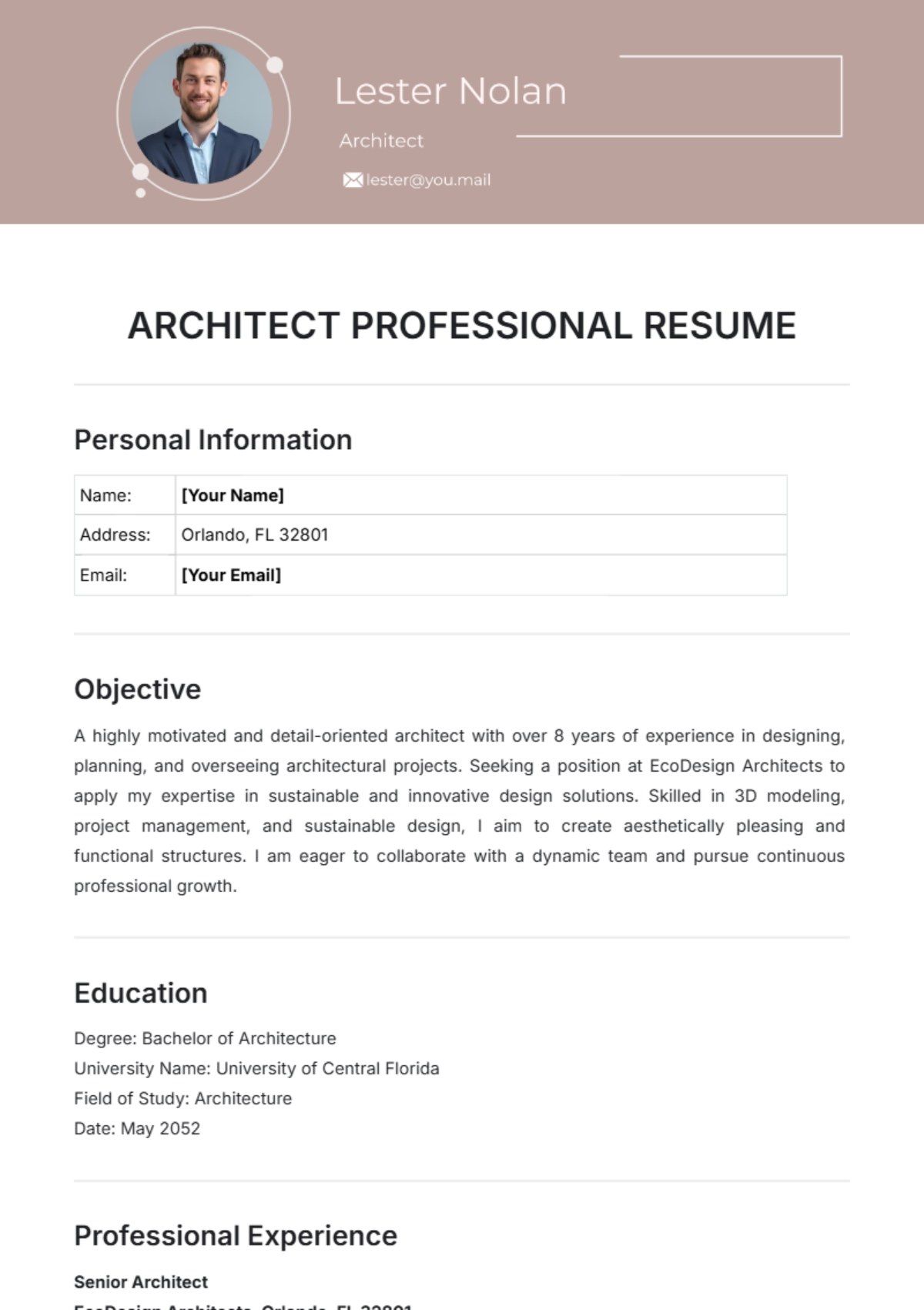 Architect Professional Resume Template - Edit Online & Download