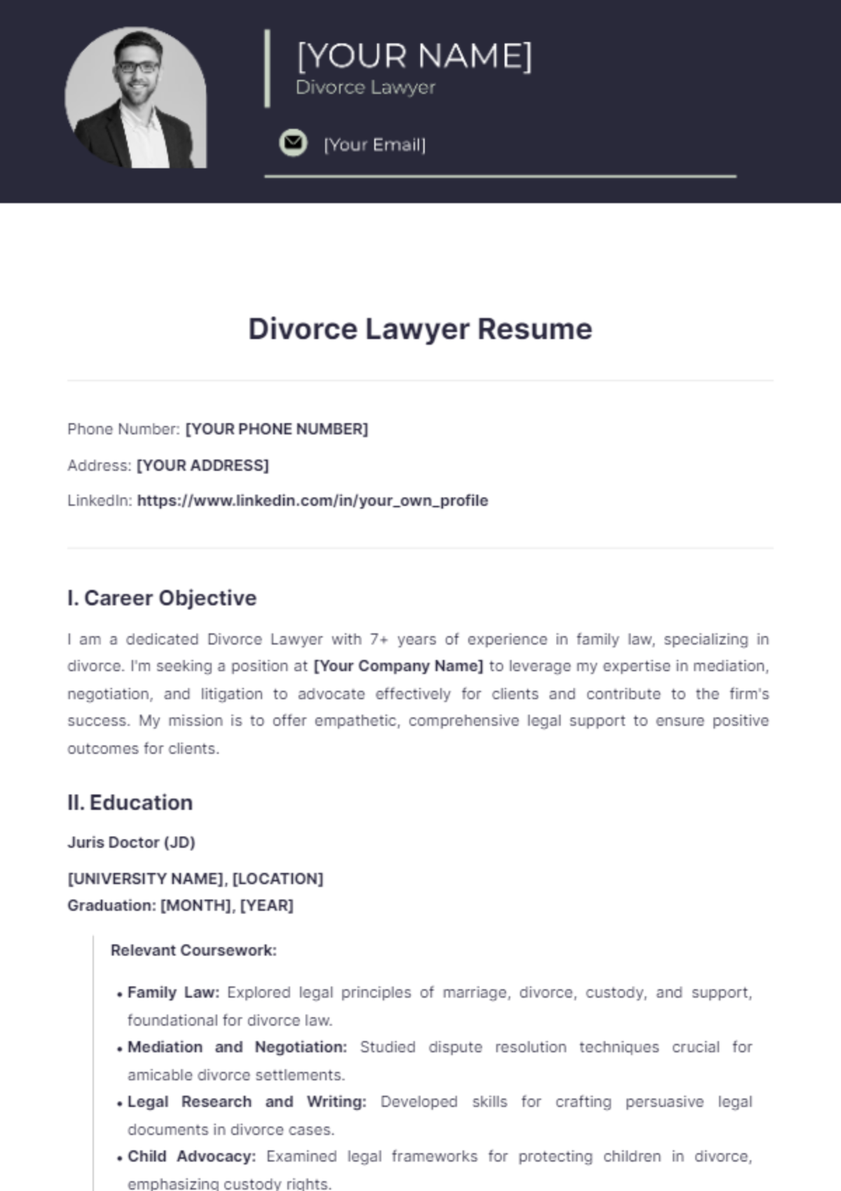 Divorce Lawyer Resume - Edit Online & Download