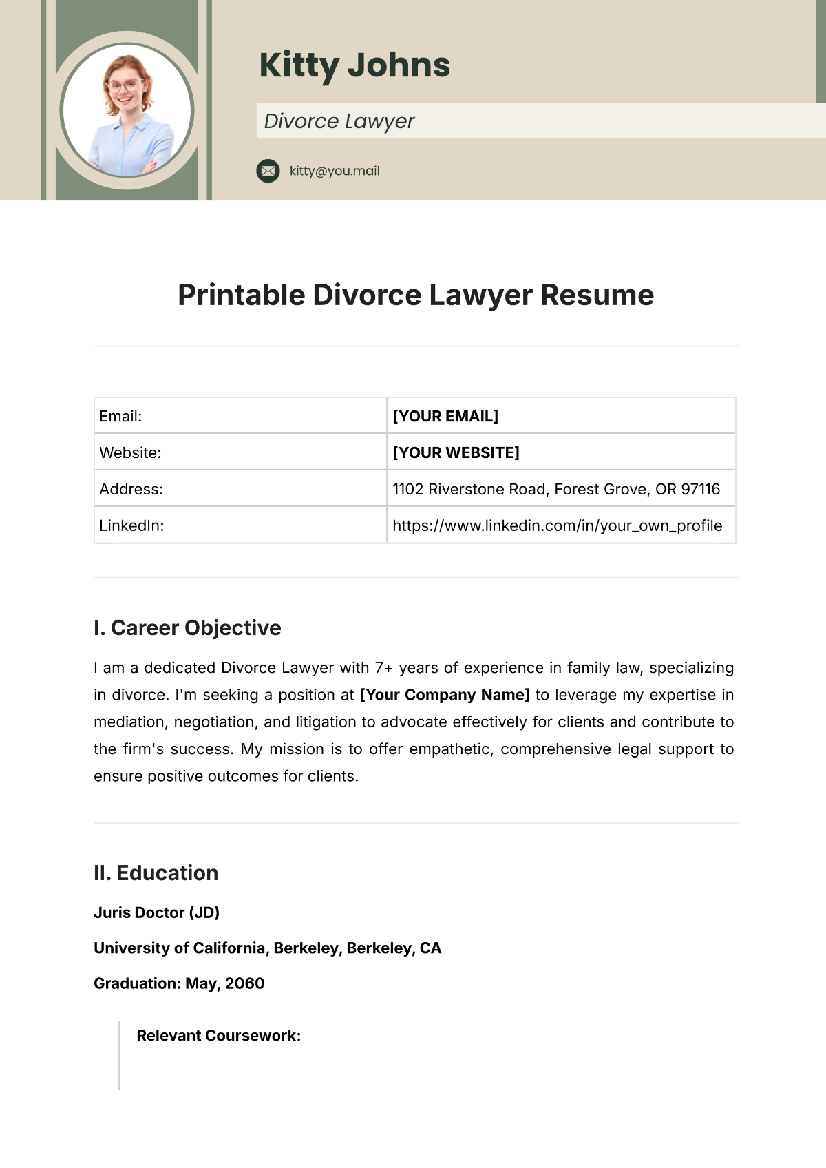 Free Printable Divorce Lawyer Resume Template