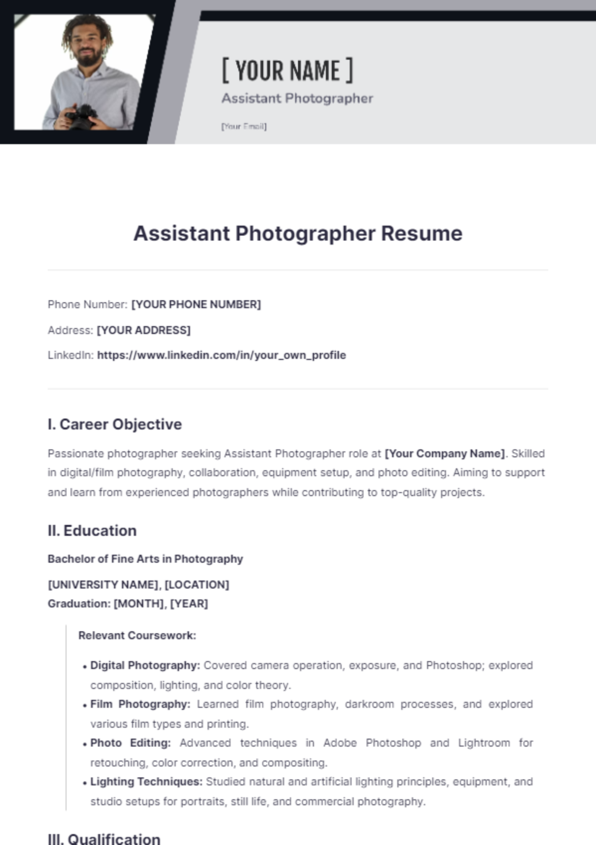 assistant photographer resume - Edit Online & Download