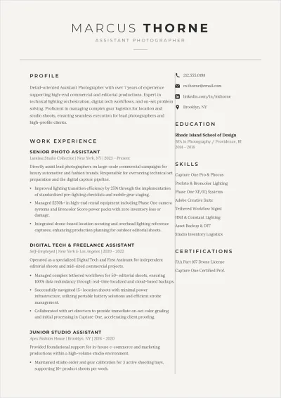Free Assistant Photographer ATS Resume Template, AI Resume Builder