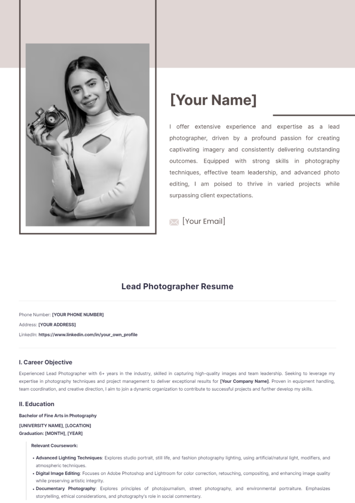 Lead Photographer Resume - Edit Online & Download