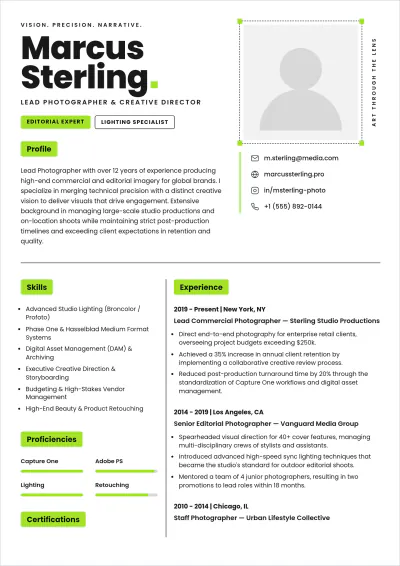 Free Lead Photographer ATS Resume Template, AI Resume Builder