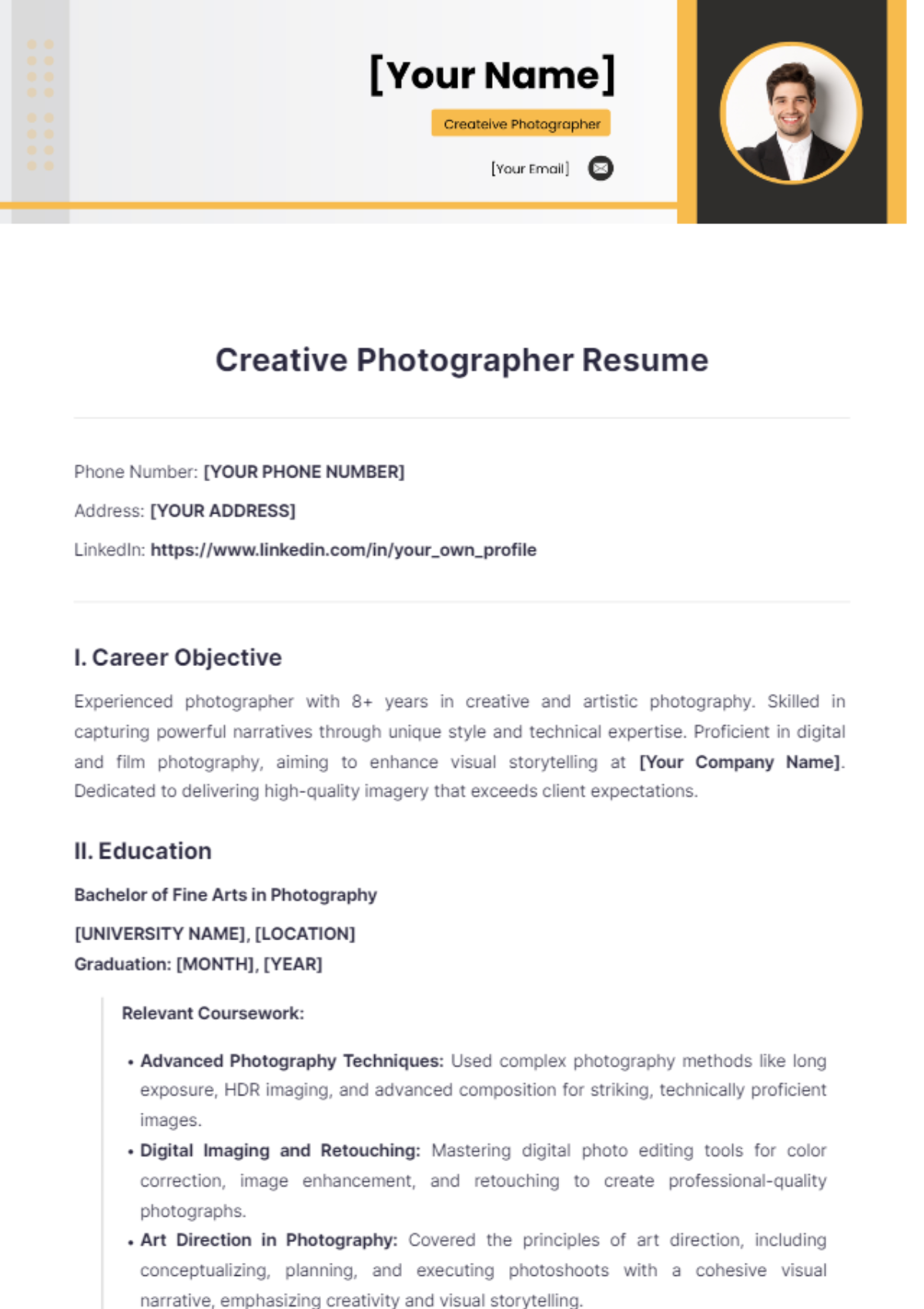 Creative Photographer Resume - Edit Online & Download