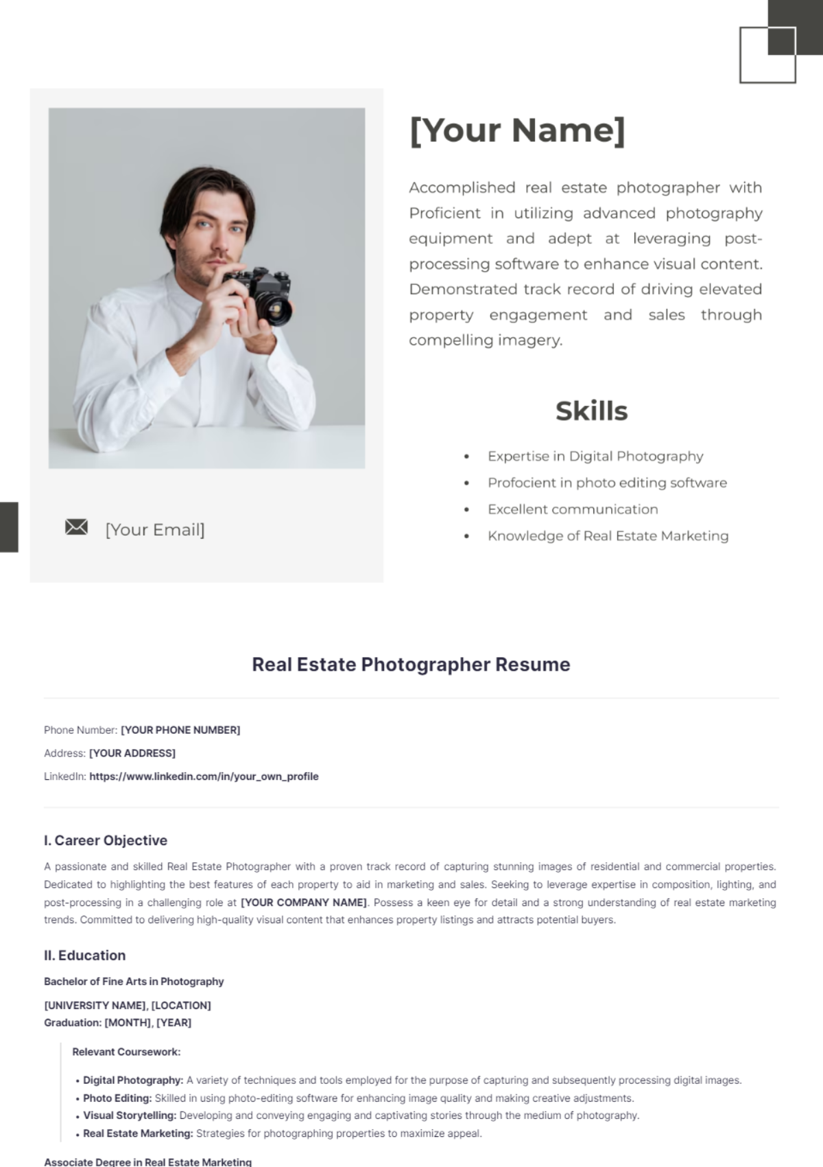 Real Estate Photographer Resume - Edit Online & Download