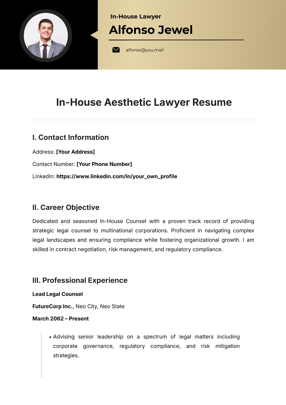 Free In House Aesthetic Lawyer Resume Template