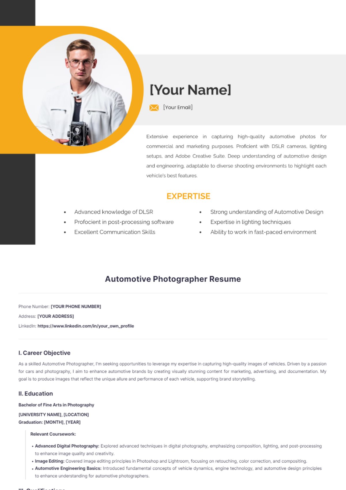 Automotive Photographer Resume - Edit Online & Download