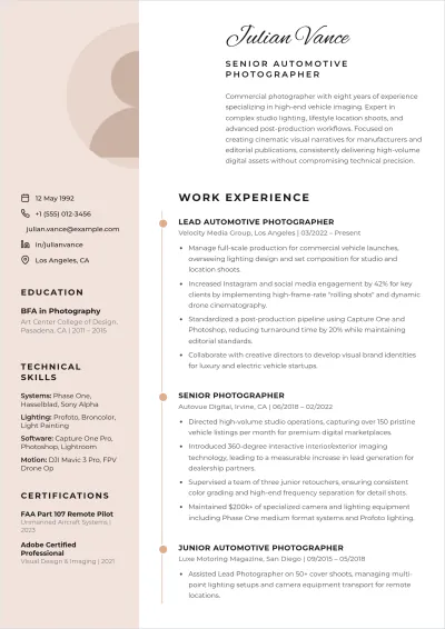 Free Automotive Photographer ATS Resume Template, AI Resume Builder
