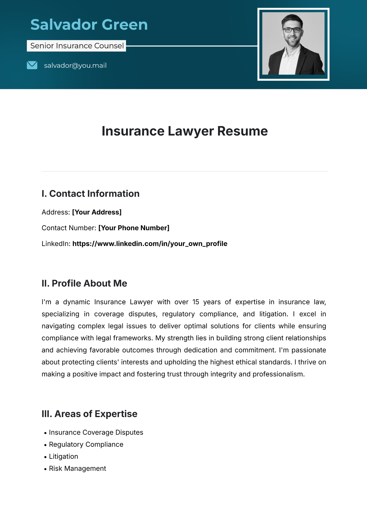 Free Insurance Lawyer Resume Template