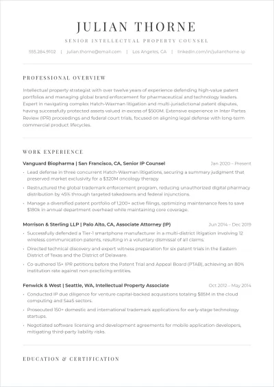 Free Intellectual Property Lawyer ATS Resume Template