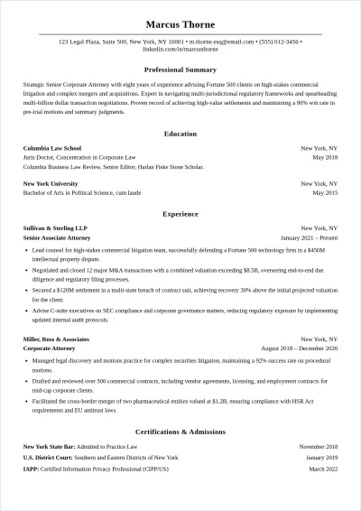Free Professional Lawyer ATS Resume Template, AI Resume Builder