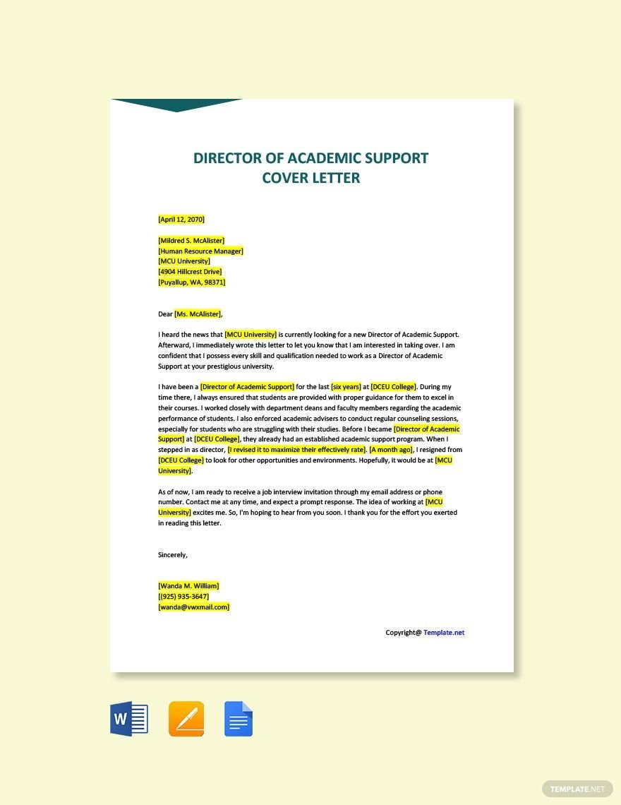 Free Director of Academic Support Cover Letter Template