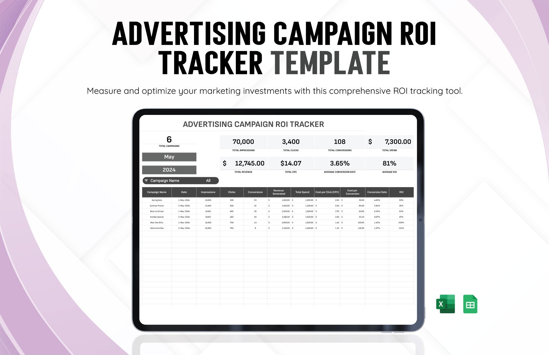 Advertising Campaign ROI Tracker Template in Excel, Google Sheets