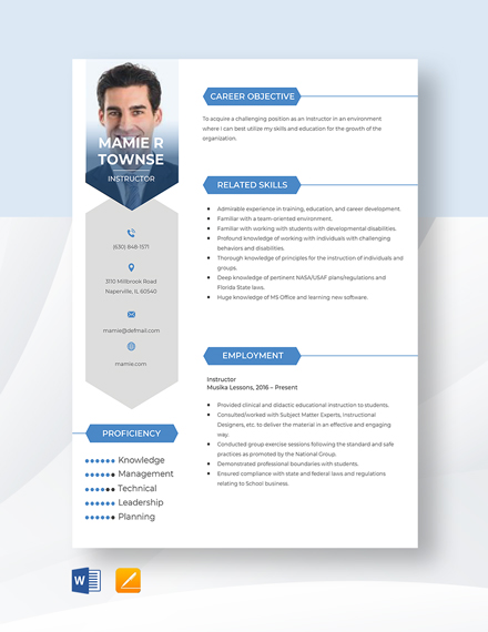 Instructor Resume Template - Word, Apple Pages