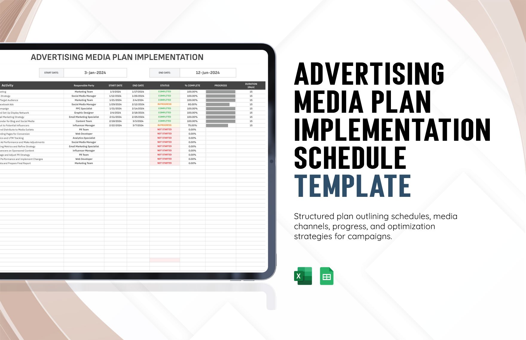 Advertising Media Plan Implementation Schedule Template in Excel, Google Sheets