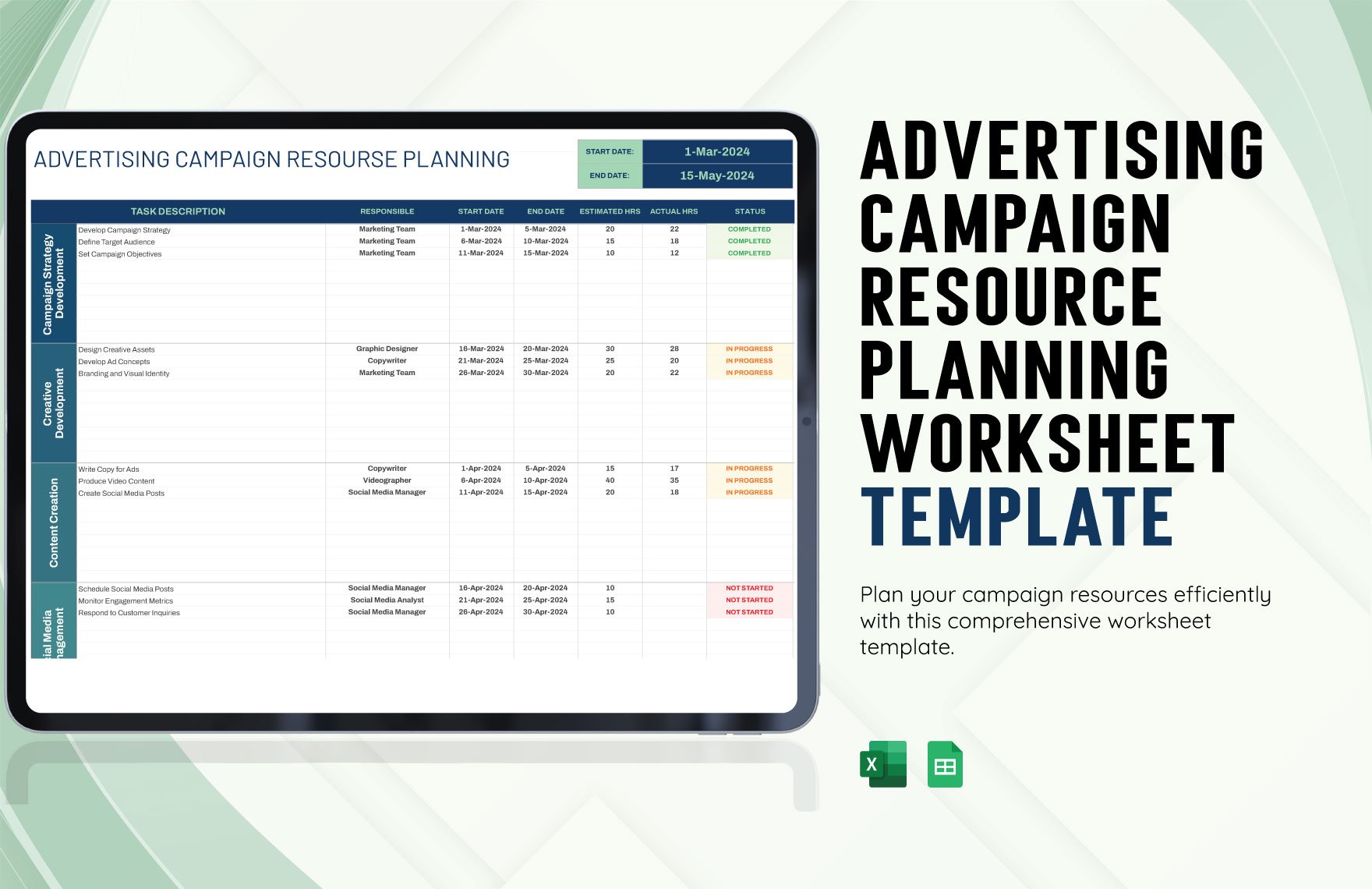 Advertising Campaign Resource Planning Worksheet Template in Excel, Google Sheets