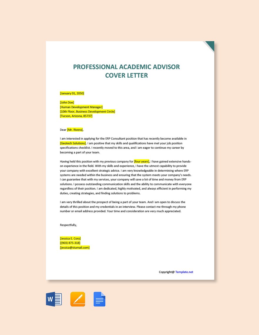 Professional Academic Advisor Cover Letter Template