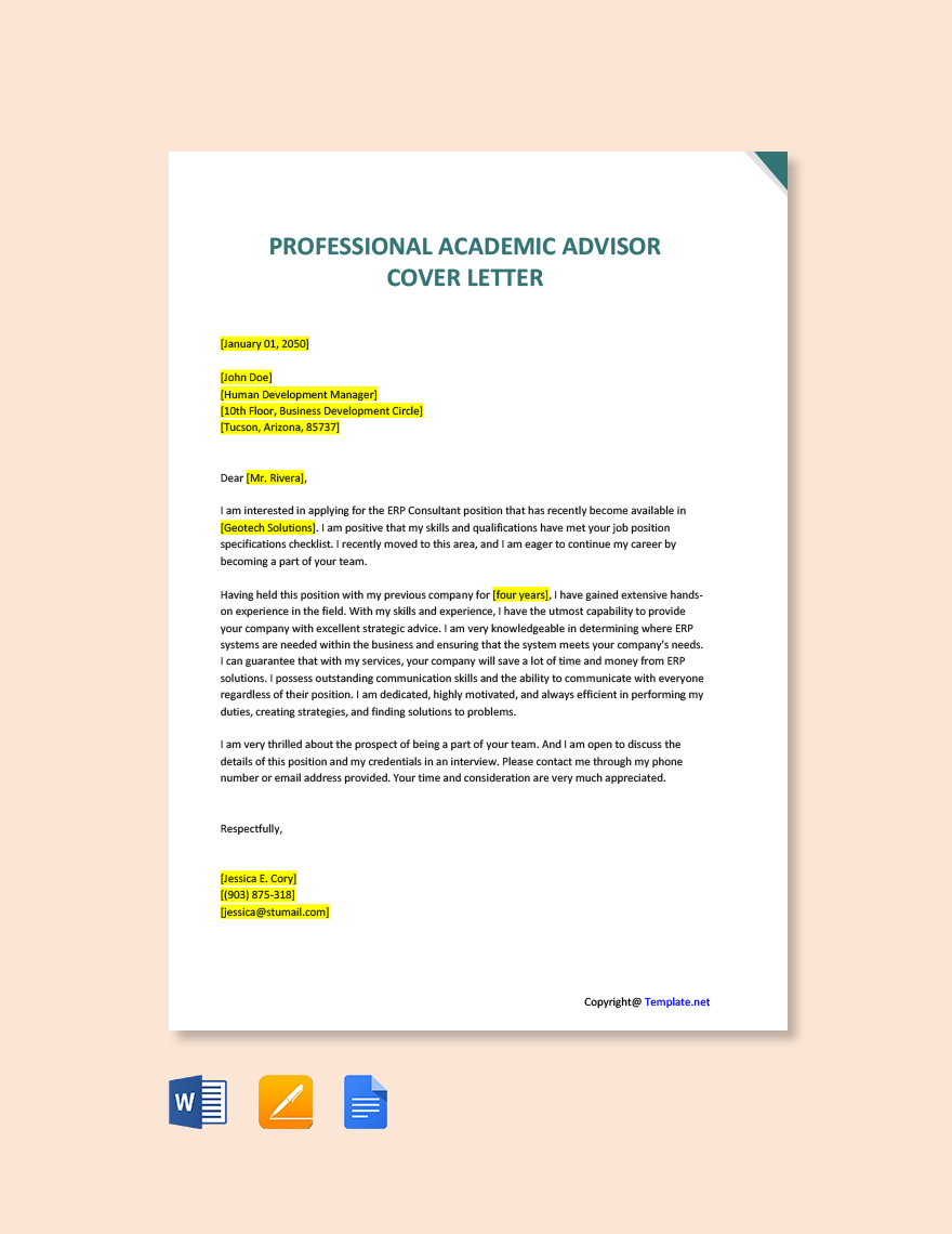 Academic Advisor Templates In Word FREE Download Template Net   Professional Academic Advisor Cover Letter 1 