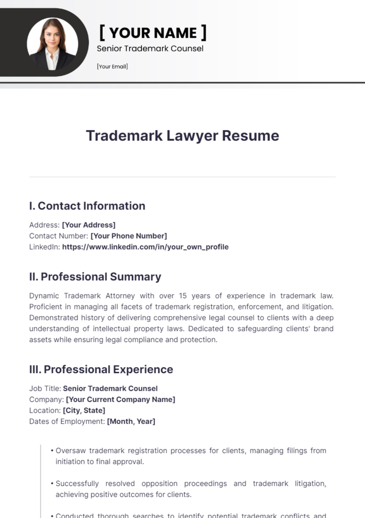 Trademark Lawyer Resume - Edit Online & Download