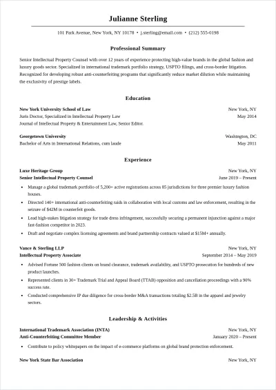 Free Trademark Lawyer ATS Resume Template, AI Resume Builder