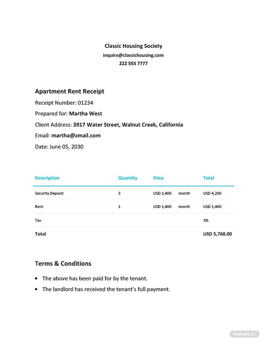 Sample Apartment Rent Receipt Template