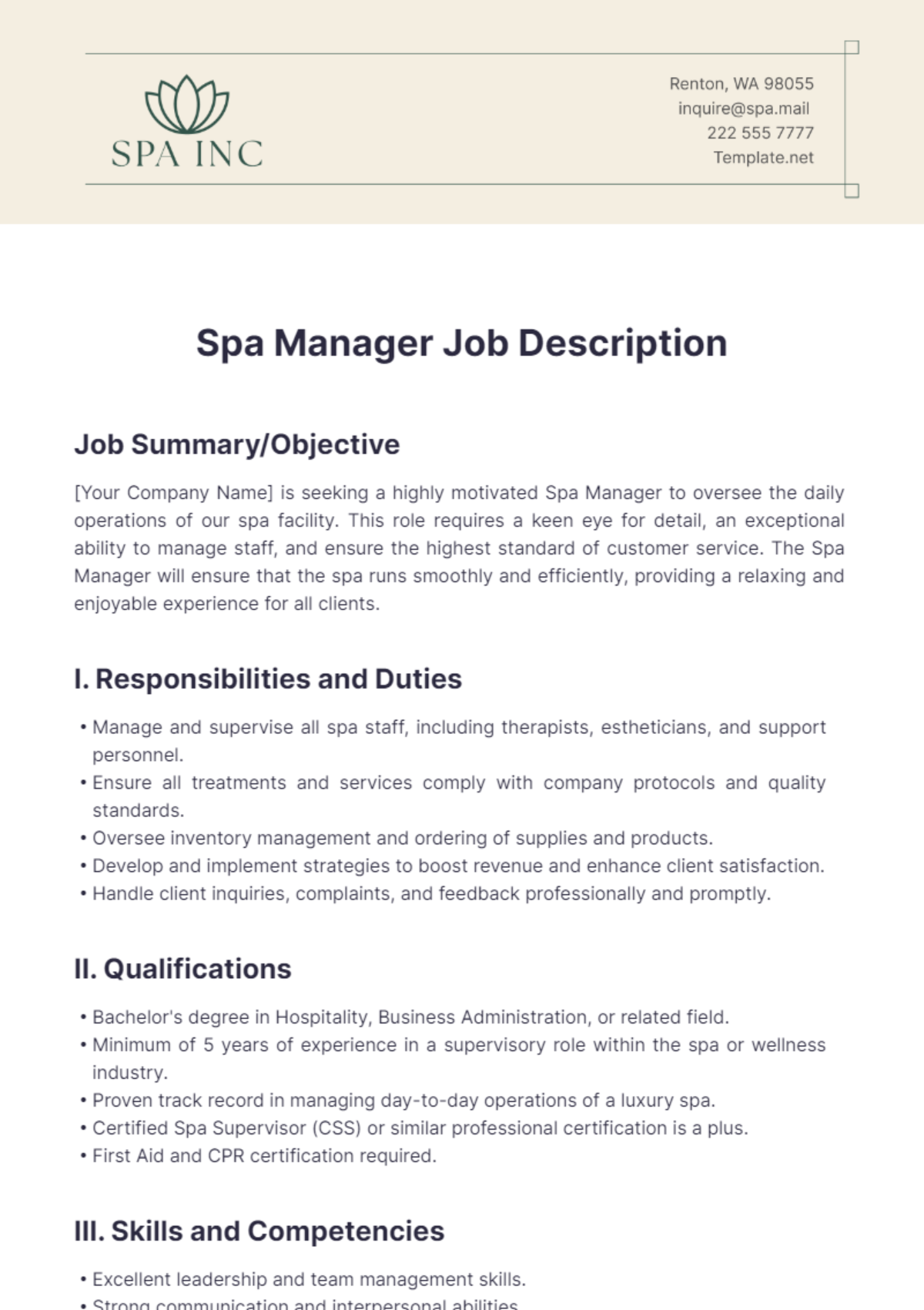 Spa Manager Job Description Template - Edit Online & Download