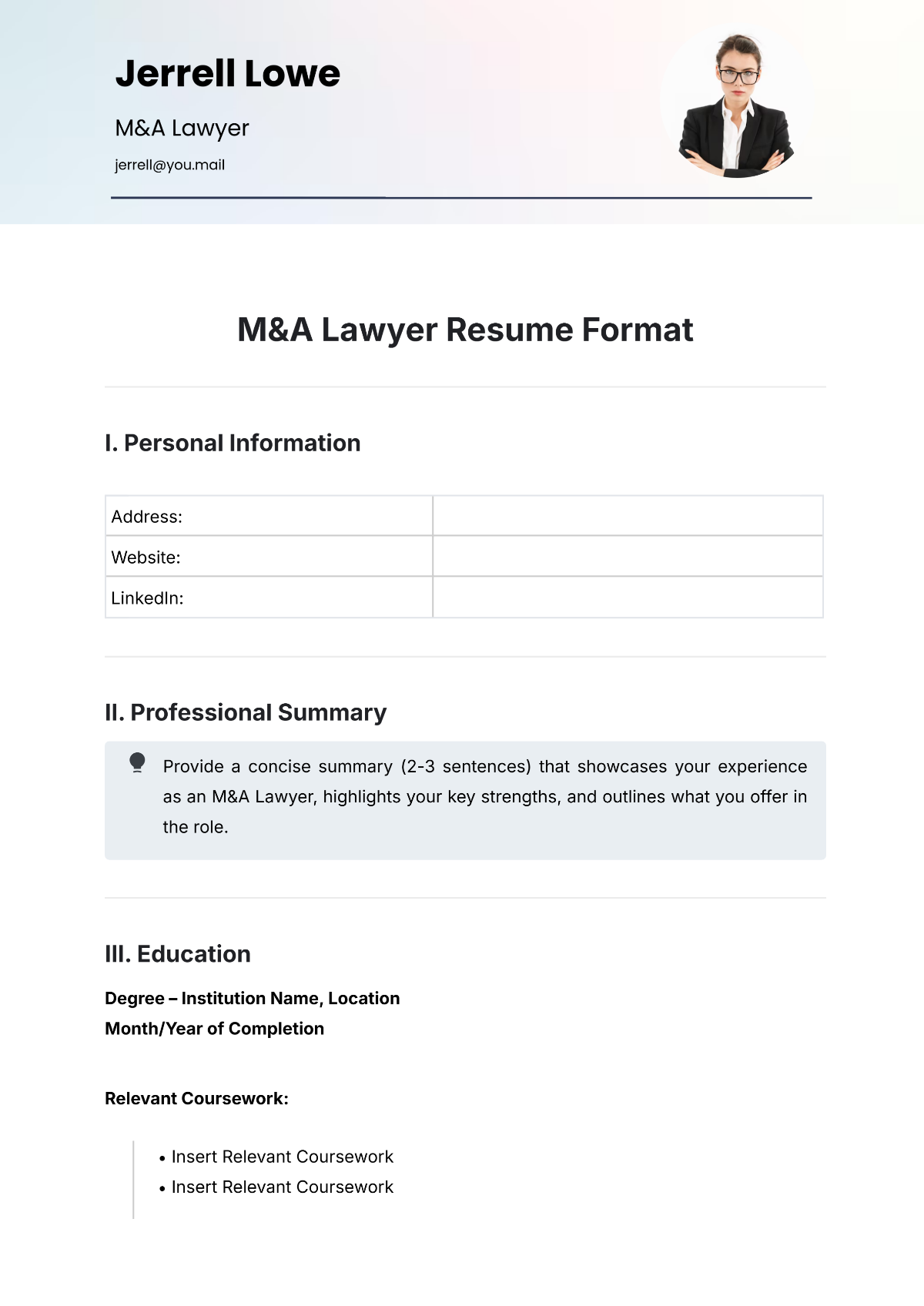 Free M&A Lawyer Resume Format Template