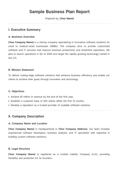 Free Sample Business Plan Report Template to Edit Online