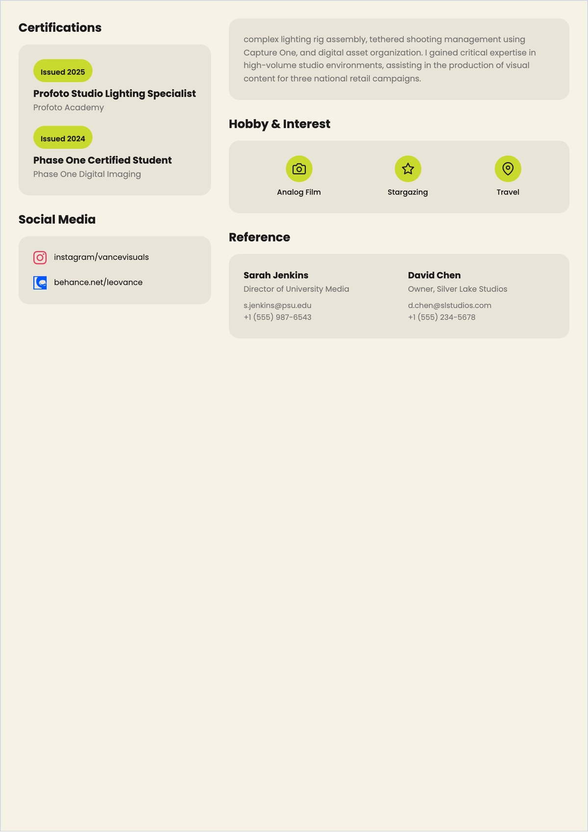 Free Student Photographer ATS Resume Template, AI Resume Builder