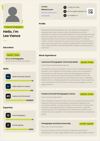 Free Student Photographer ATS Resume Template, AI Resume Builder