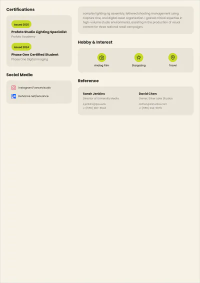 Free Student Photographer ATS Resume Template, AI Resume Builder
