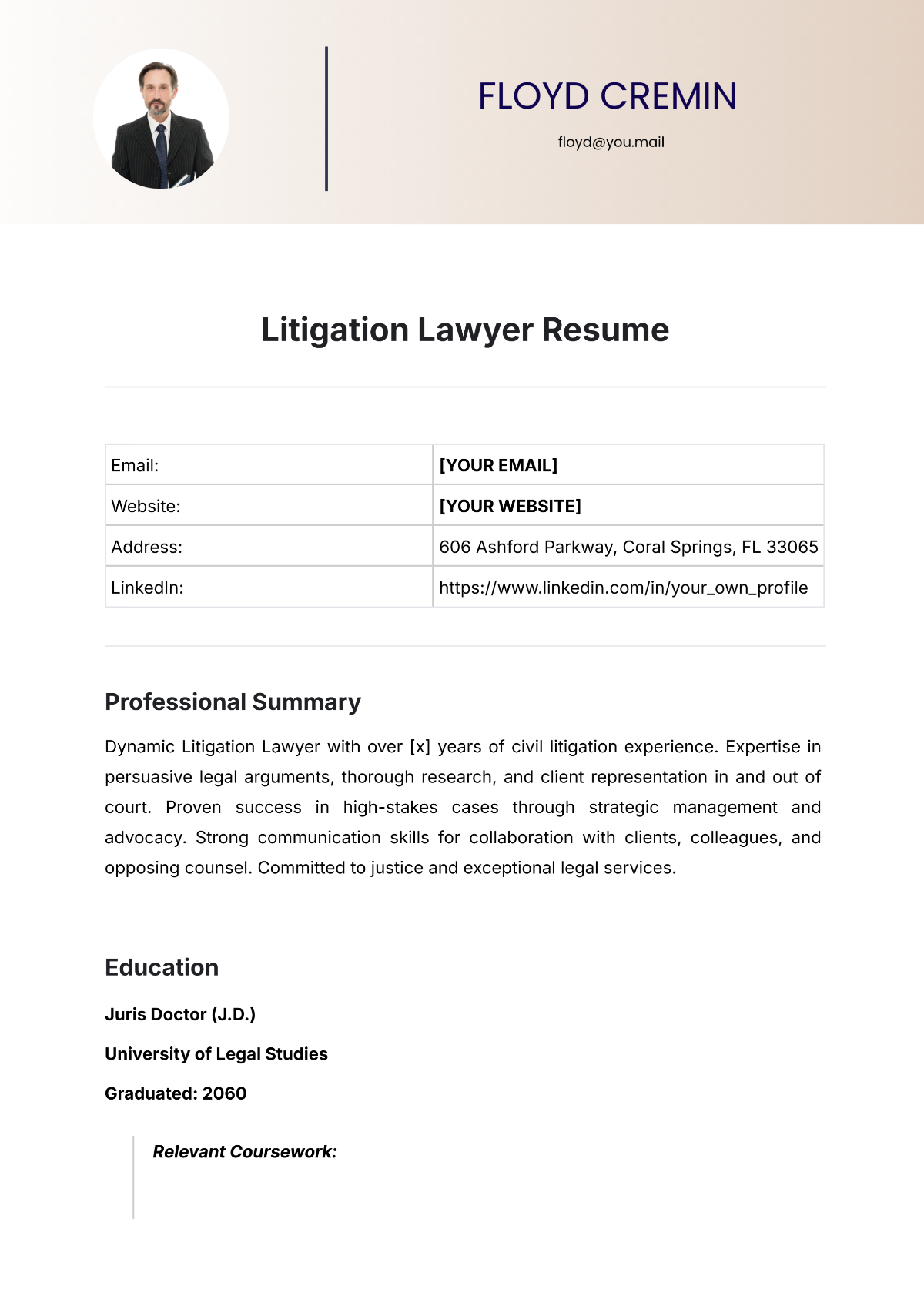 Free Litigation Lawyer Resume Template