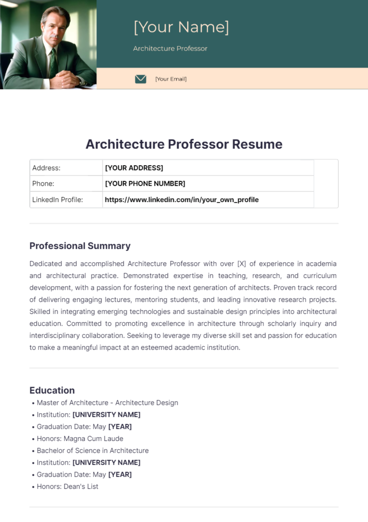 Architecture Professor Resume - Edit Online & Download