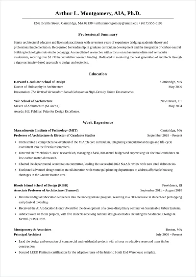 Free Architecture Professor ATS Resume Template, AI Resume Builder
