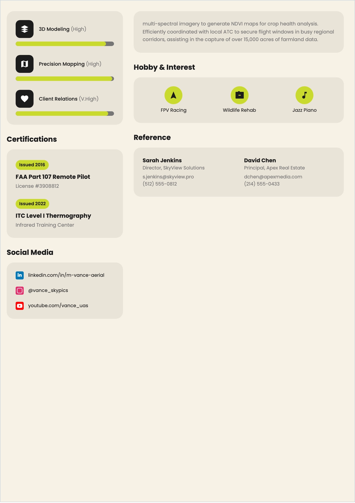 Free Aerial Photographer ATS Resume Template, AI Resume Builder