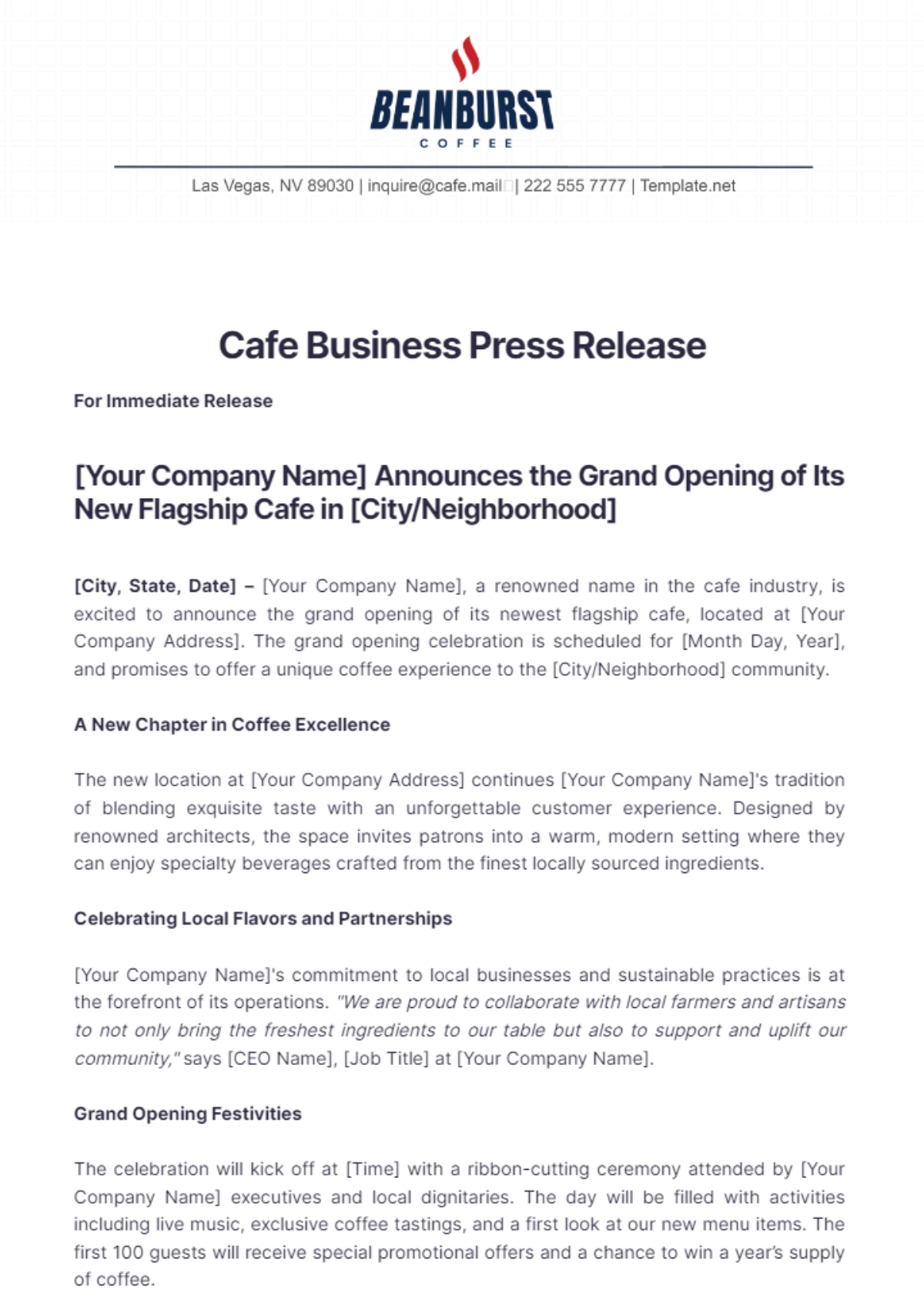 Cafe Business Press Release Template - Edit Online & Download