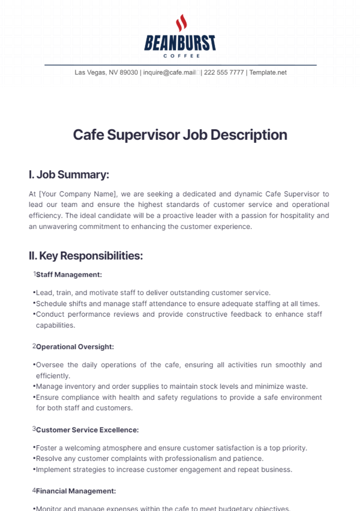 Cafe Supervisor Job Description Template - Edit Online & Download